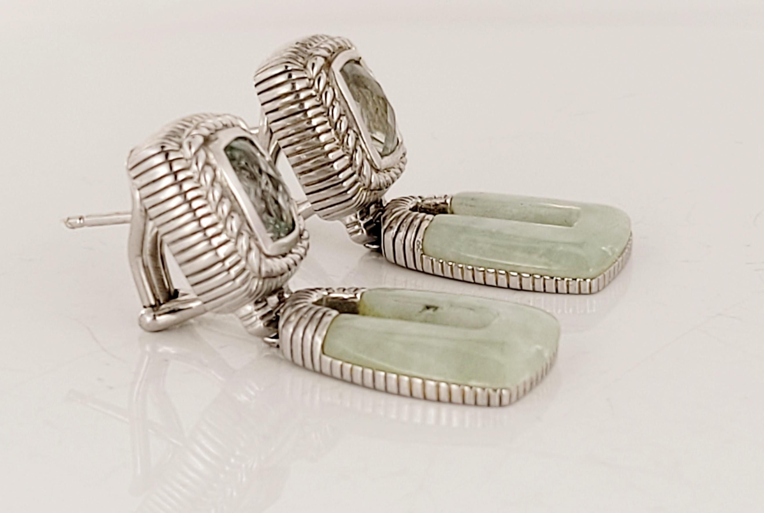 Brand Judith Ripka
Prasiolite and Jade Earrings
Material Sterling Silver 
Metal Purity 925
Main Stone Jade and green Amethyst 
Main Stone Color Green
Style Dangle/Drop
Earrings Dimension 35.6 X 12.4mm
Earring Weight: 17.1 Total