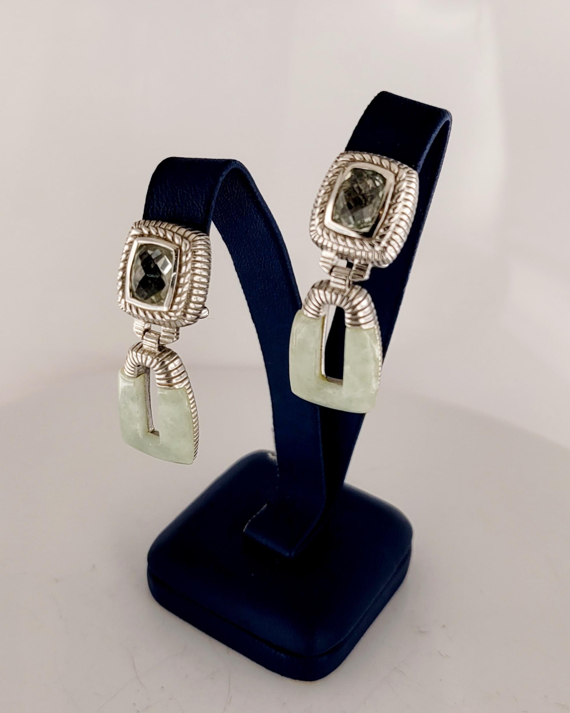 Sterling Silver Judith Ripka Prasiolite and Jade Earrings In New Condition For Sale In New York, NY