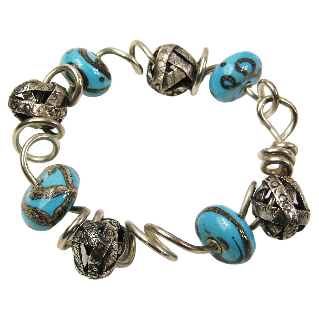 Sterling Silver Kathleen Dennison Hand Crafted Bracelet Glass Beads  For Sale