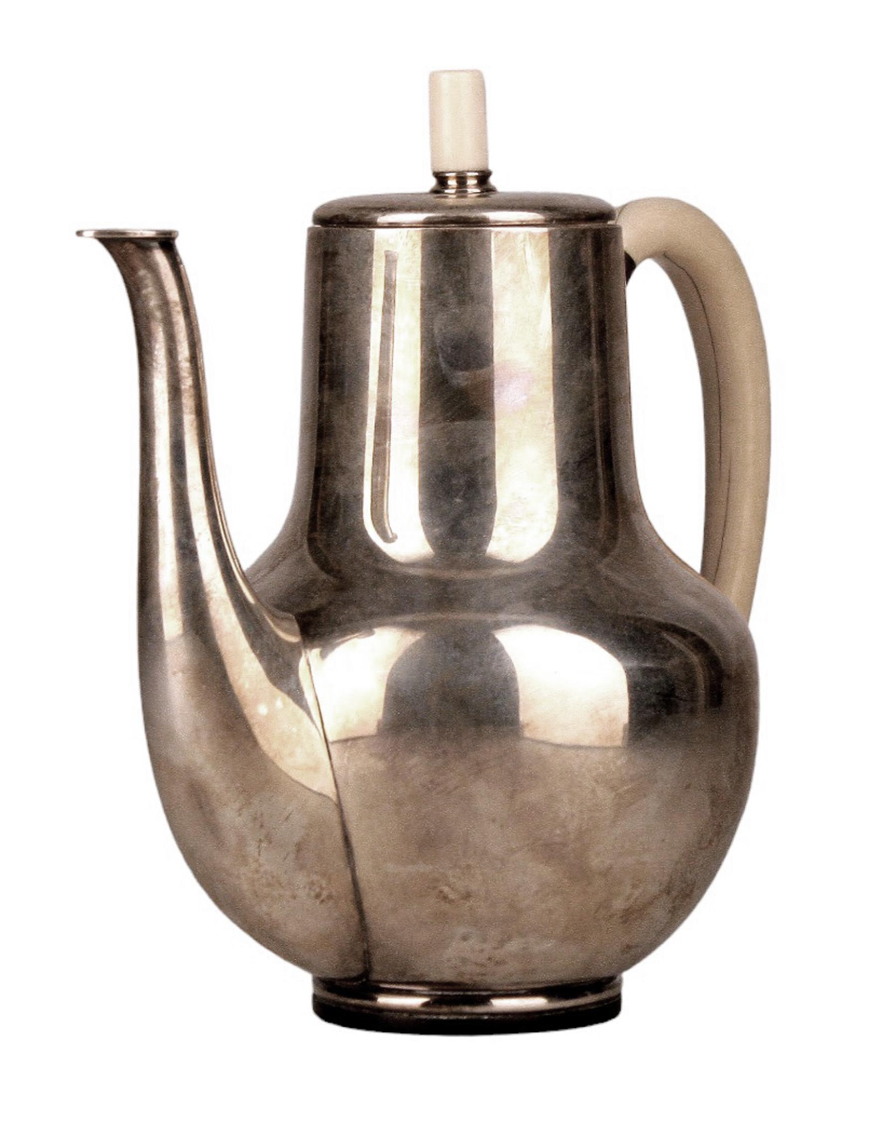 Art Nouveau Sterling Silver Kettle/Pot, Creamer and Sugar Bowl by Frantz Hingelberg, Denmark For Sale
