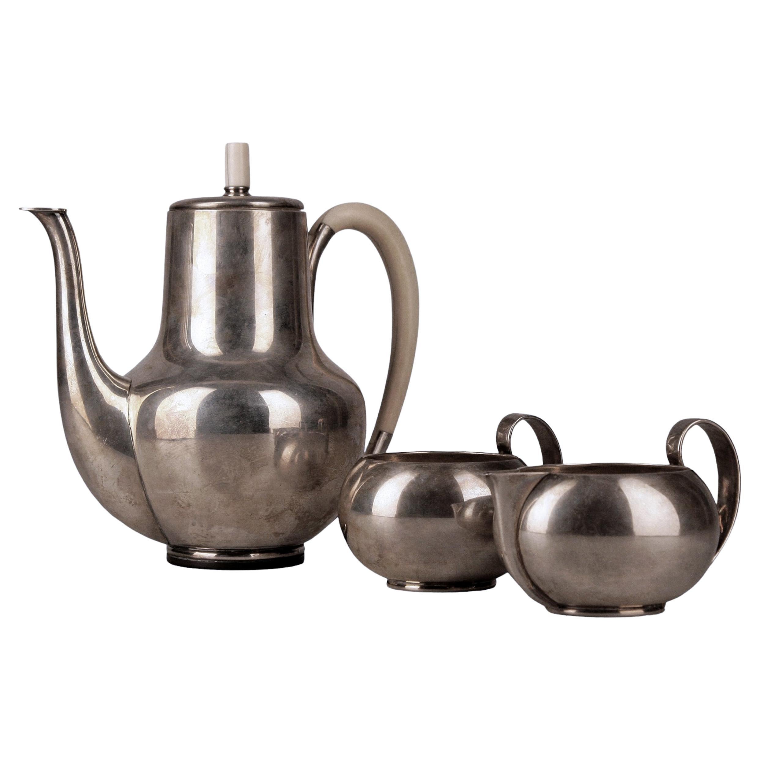 Sterling Silver Kettle/Pot, Creamer and Sugar Bowl by Frantz Hingelberg, Denmark For Sale