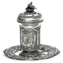 Sterling Silver Kiddush Cup and Plate Set Handmade Judaica with Vermeil Interior