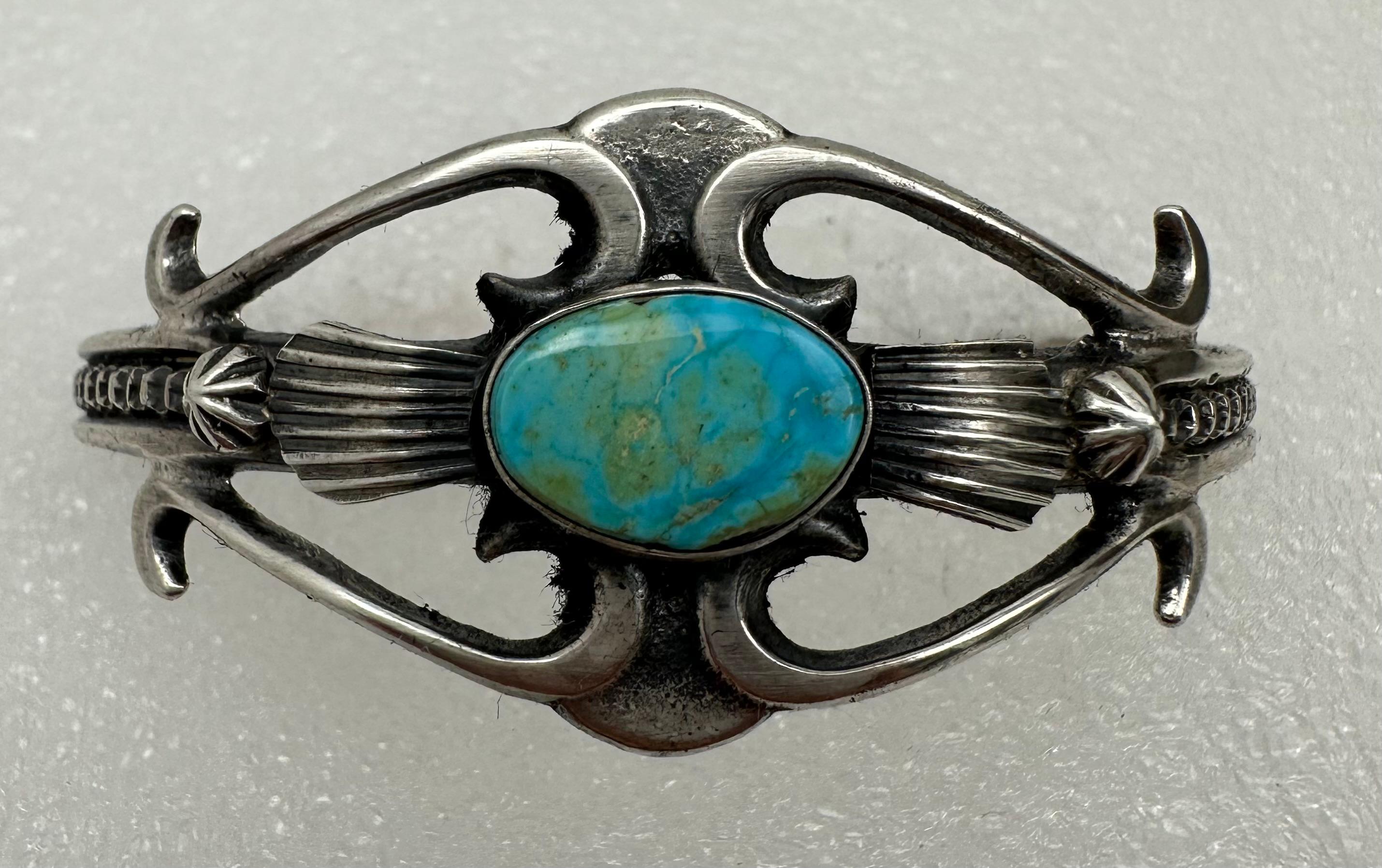 Women's or Men's Sterling Silver Kingman Turquoise Cuff Bracelet by Navajo Artist Henry Morgan For Sale