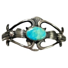 Used Sterling Silver Kingman Turquoise Cuff Bracelet by Navajo Artist Henry Morgan