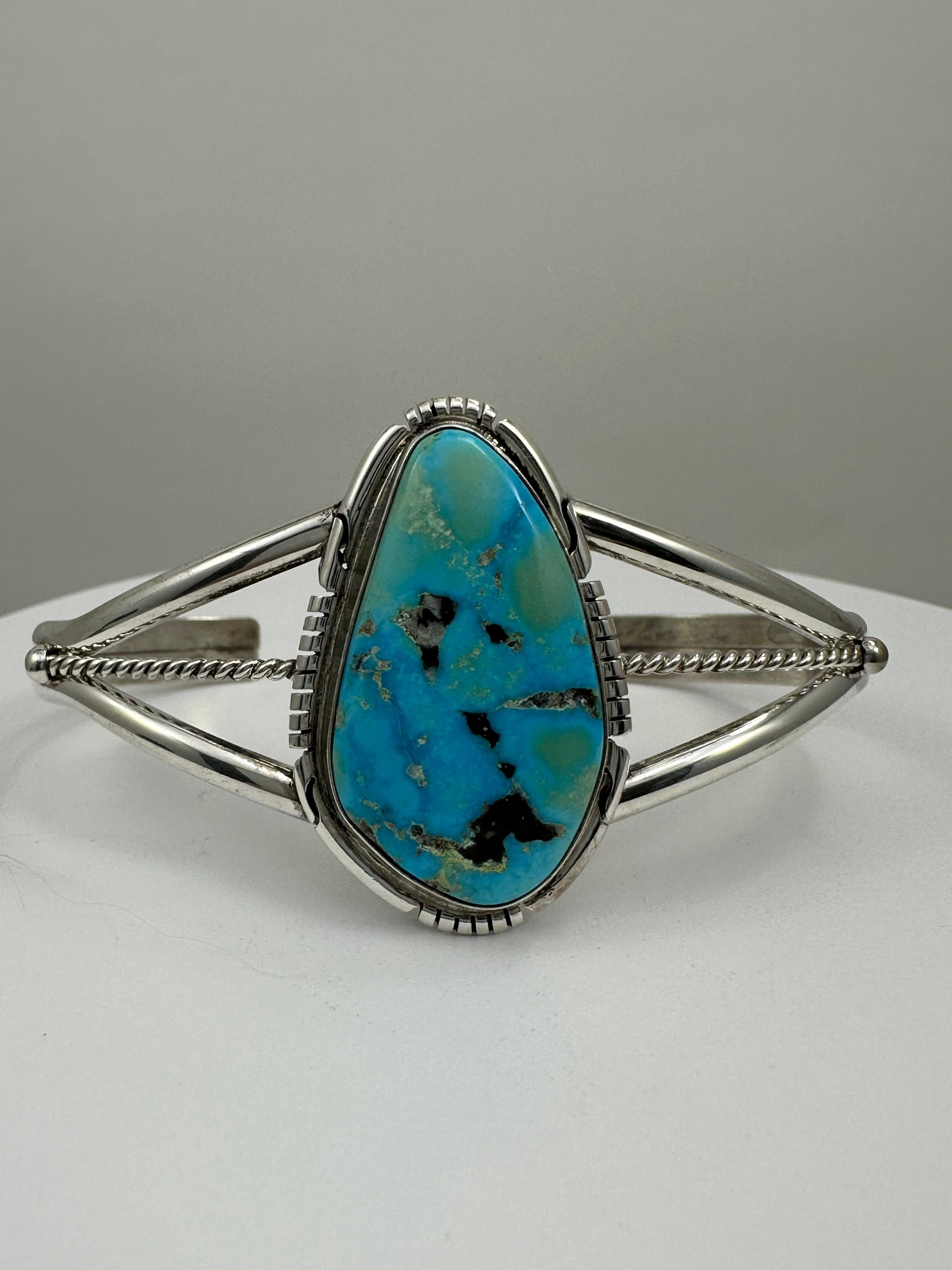Sterling Silver .925 Kingman Turquoise Navajo Handmade Cuff Bracelet Signed Dave Skeets
2 1/2