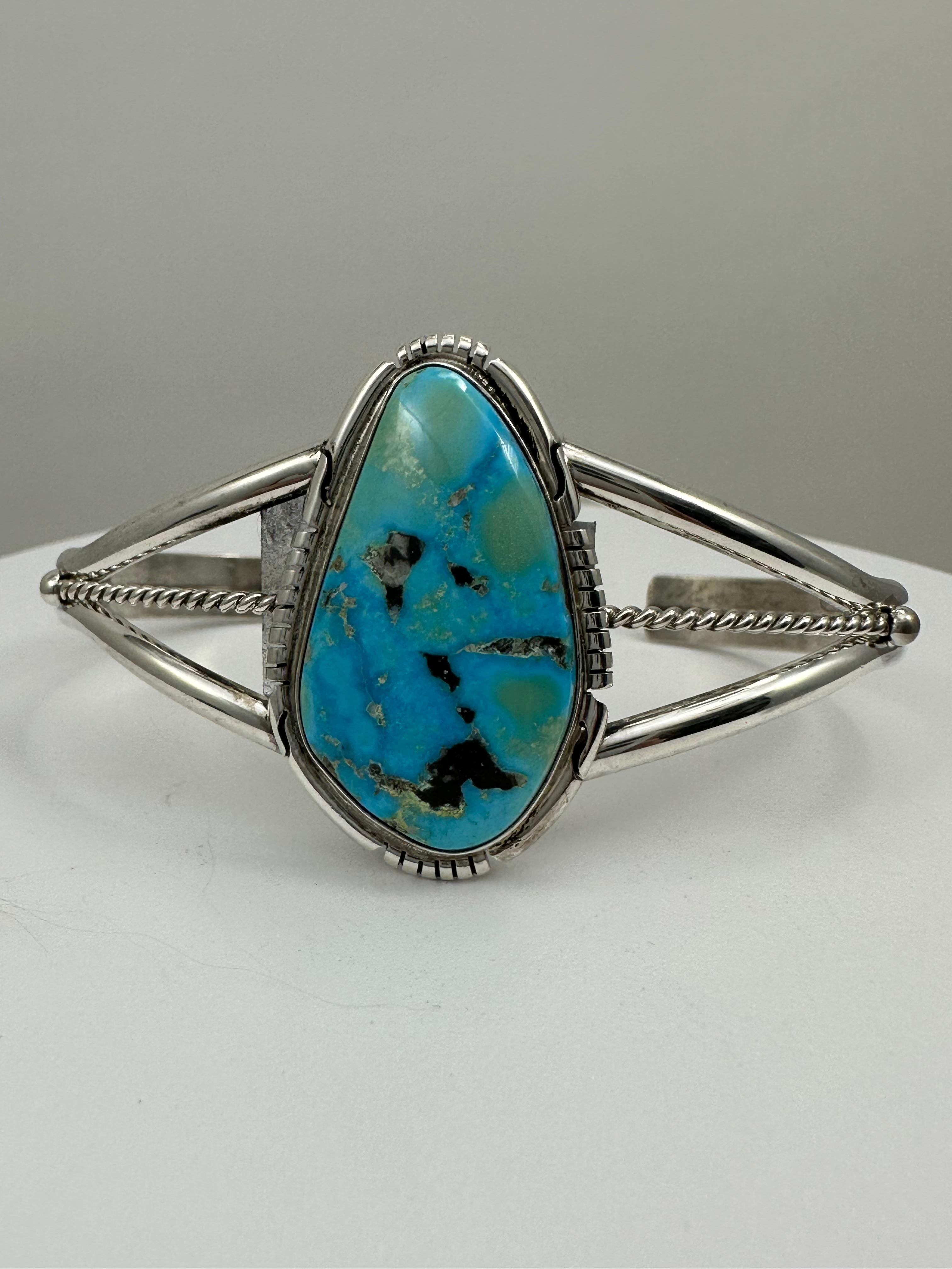 Artisan Sterling Silver Kingman Turquoise Navajo Handmade Cuff Bracelet by Dave Skeets For Sale