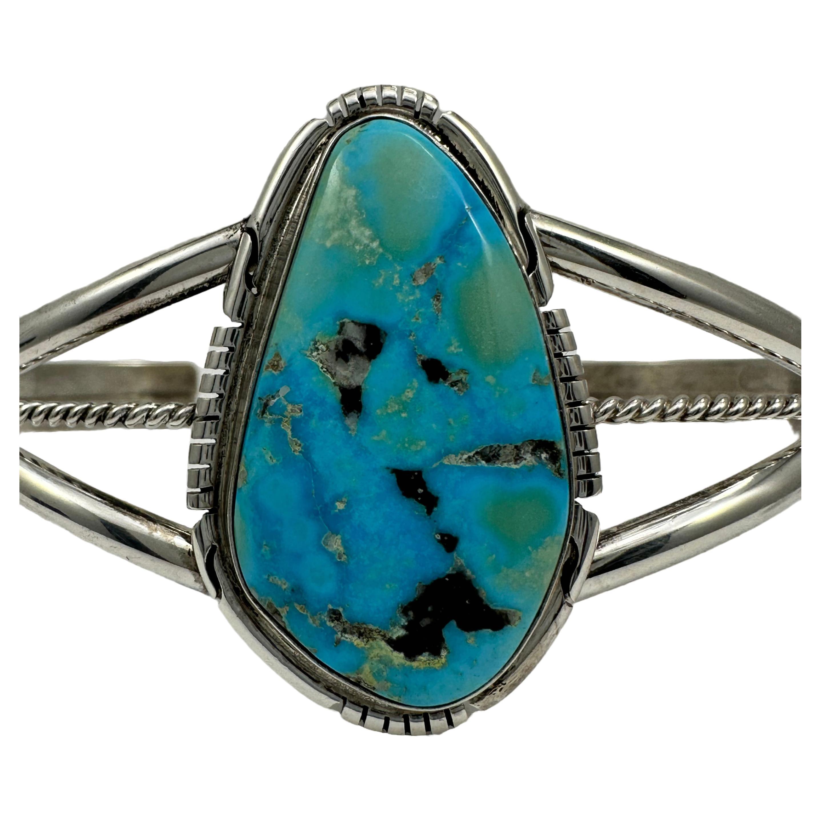 Bracelet manchette Kingman en argent sterling et turquoise Navajo fait main par Dave Skeets en vente