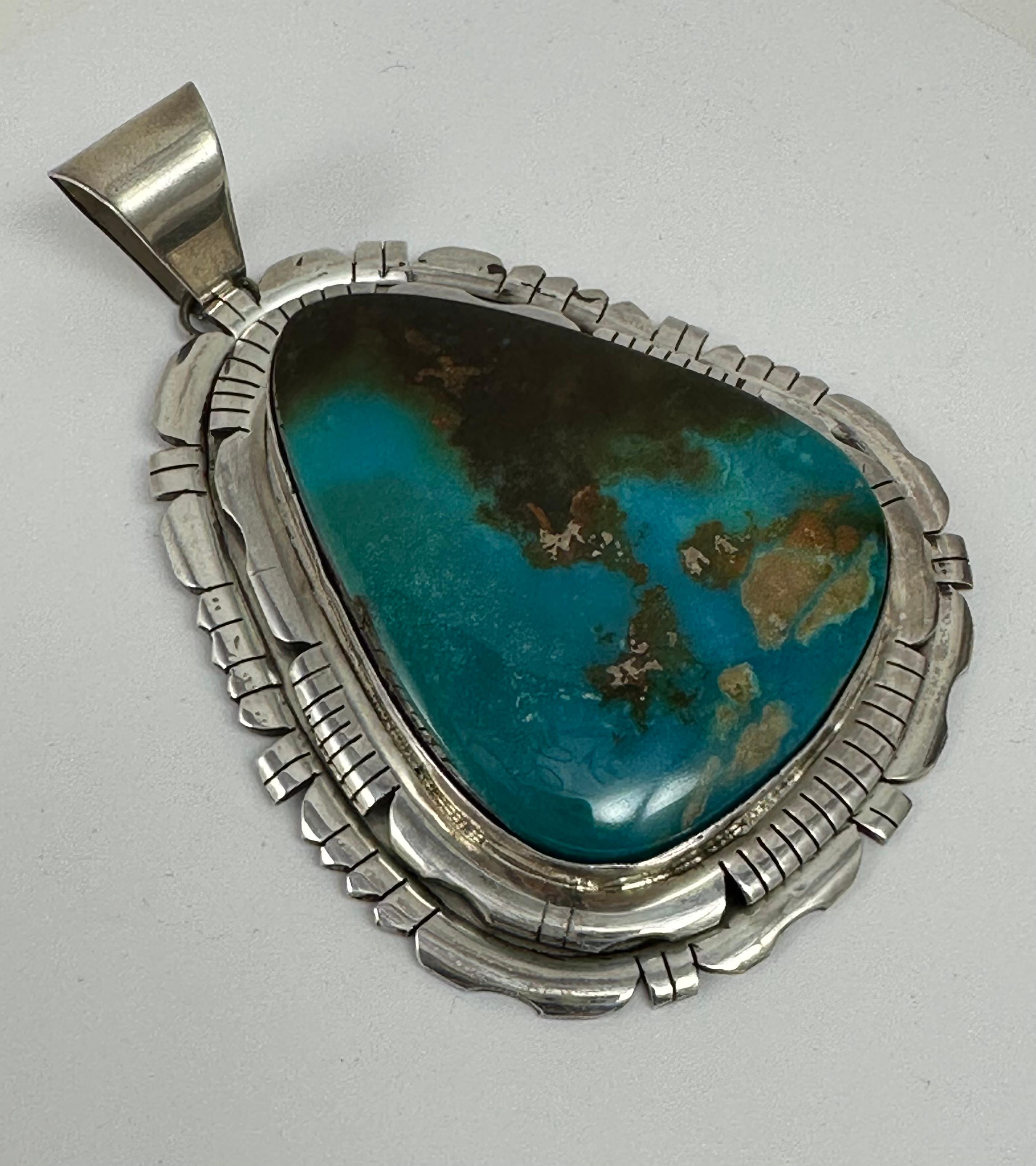 Artisan Sterling Silver Kingman Turquoise Pendant By Navajo Artist Allison Johnson  For Sale