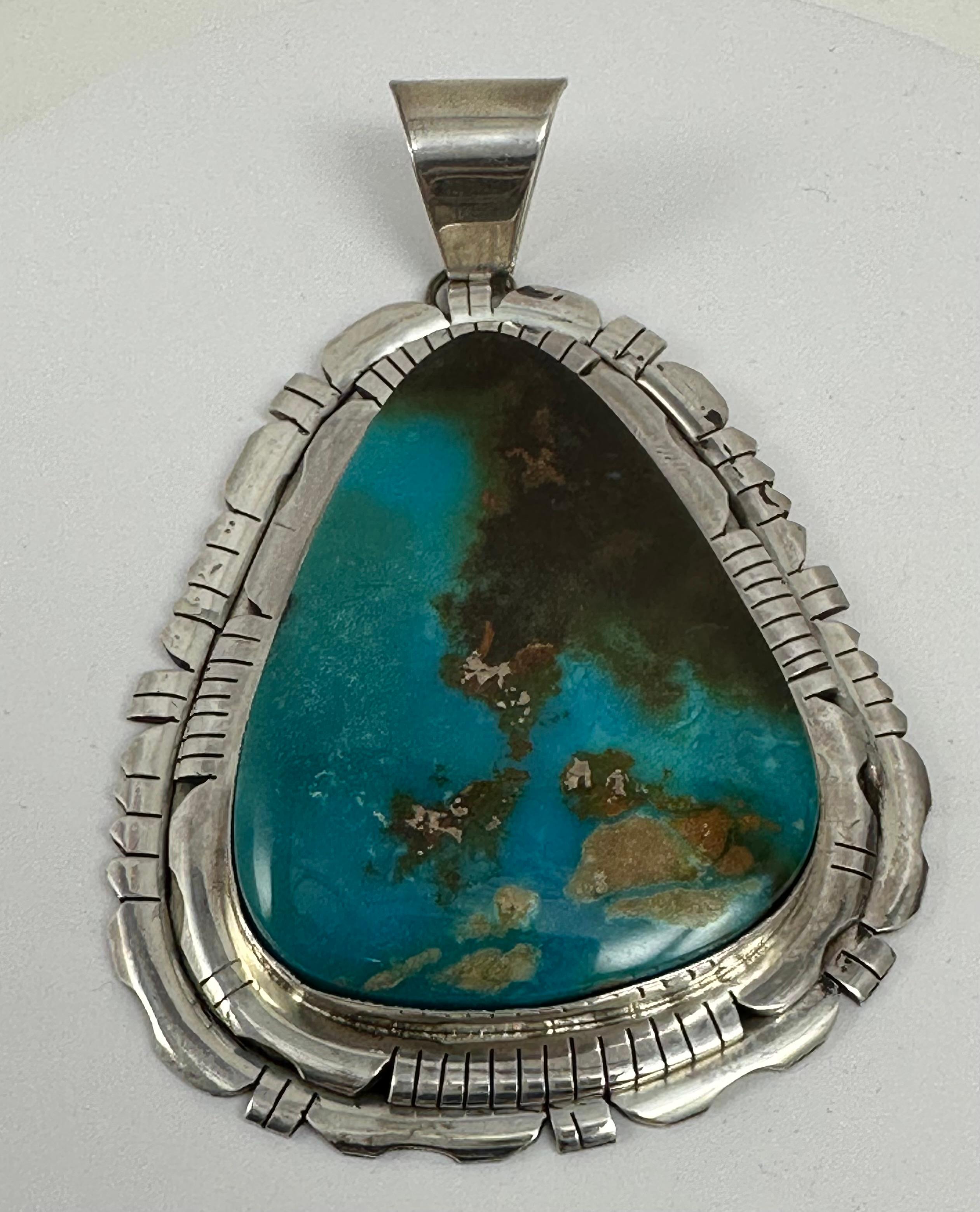 Cabochon Sterling Silver Kingman Turquoise Pendant By Navajo Artist Allison Johnson  For Sale