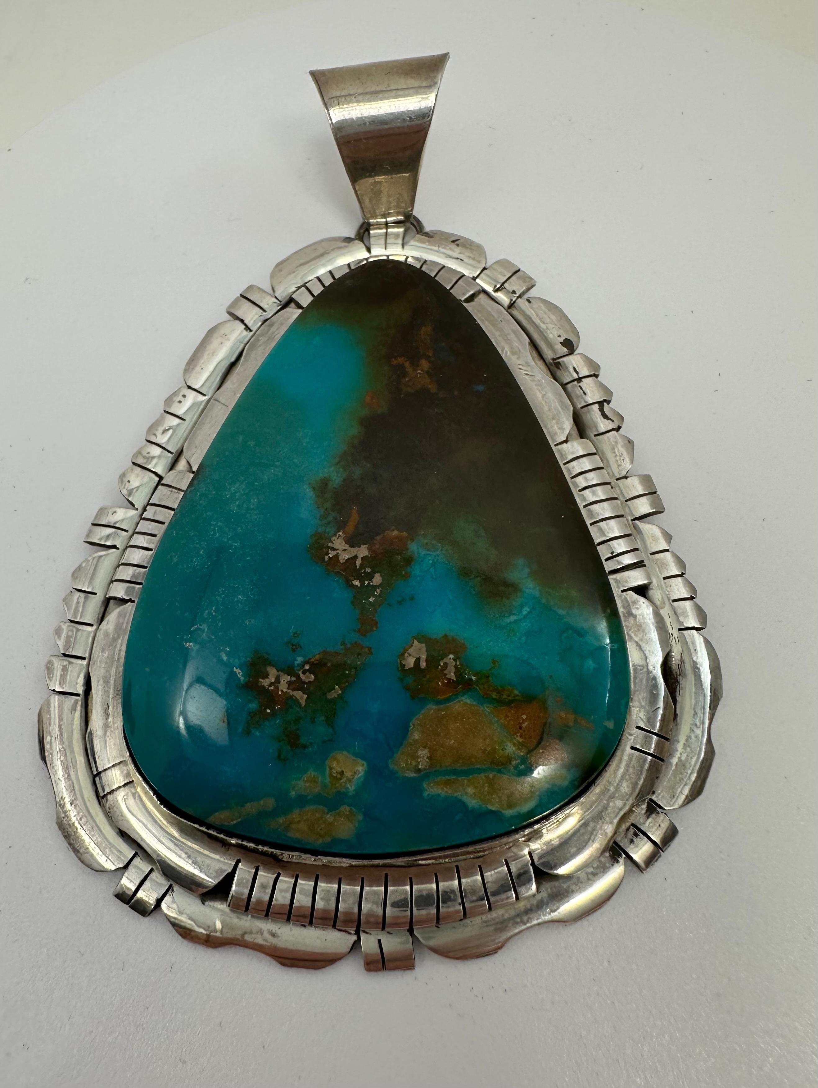 Sterling Silver Kingman Turquoise Pendant By Navajo Artist Allison Johnson  In New Condition For Sale In Las Vegas, NV