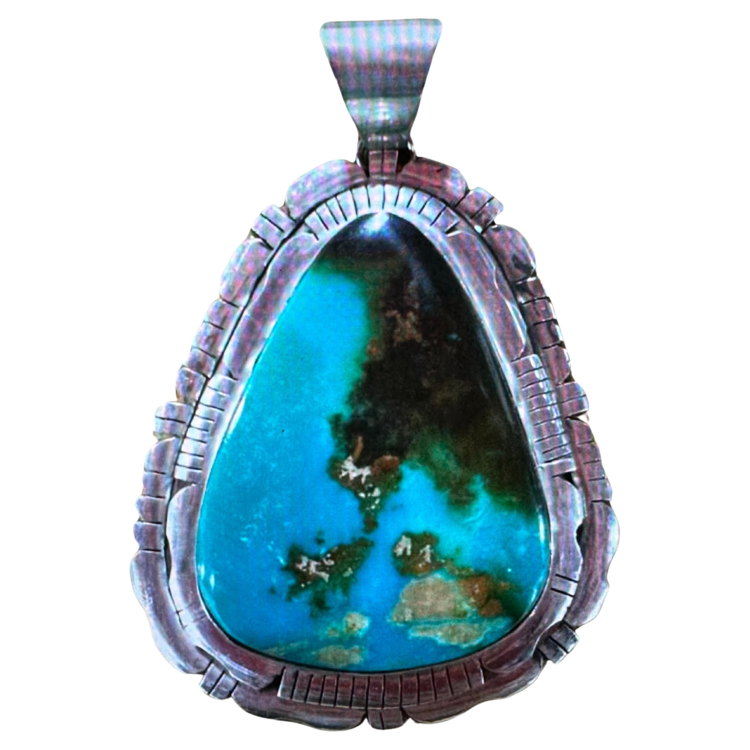 Sterling Silver Kingman Turquoise Pendant By Navajo Artist Allison Johnson  For Sale
