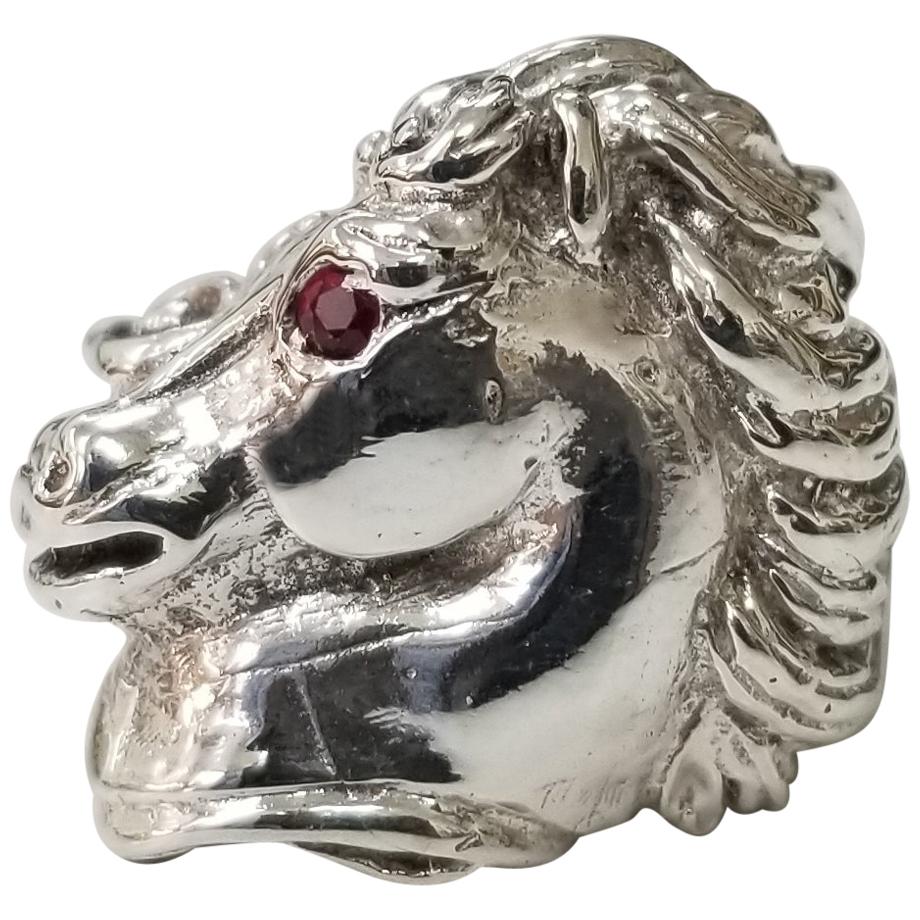 Sterling Silver "Knight" Horse Ring with a Ruby Eye For Sale