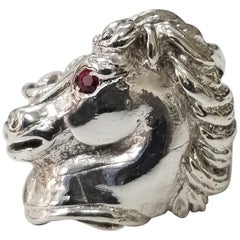 Sterling Silver "Knight" Horse Ring with a Ruby Eye