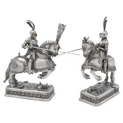 Pair of Sterling Silver Knights On Horseback, Import Marked London 1927