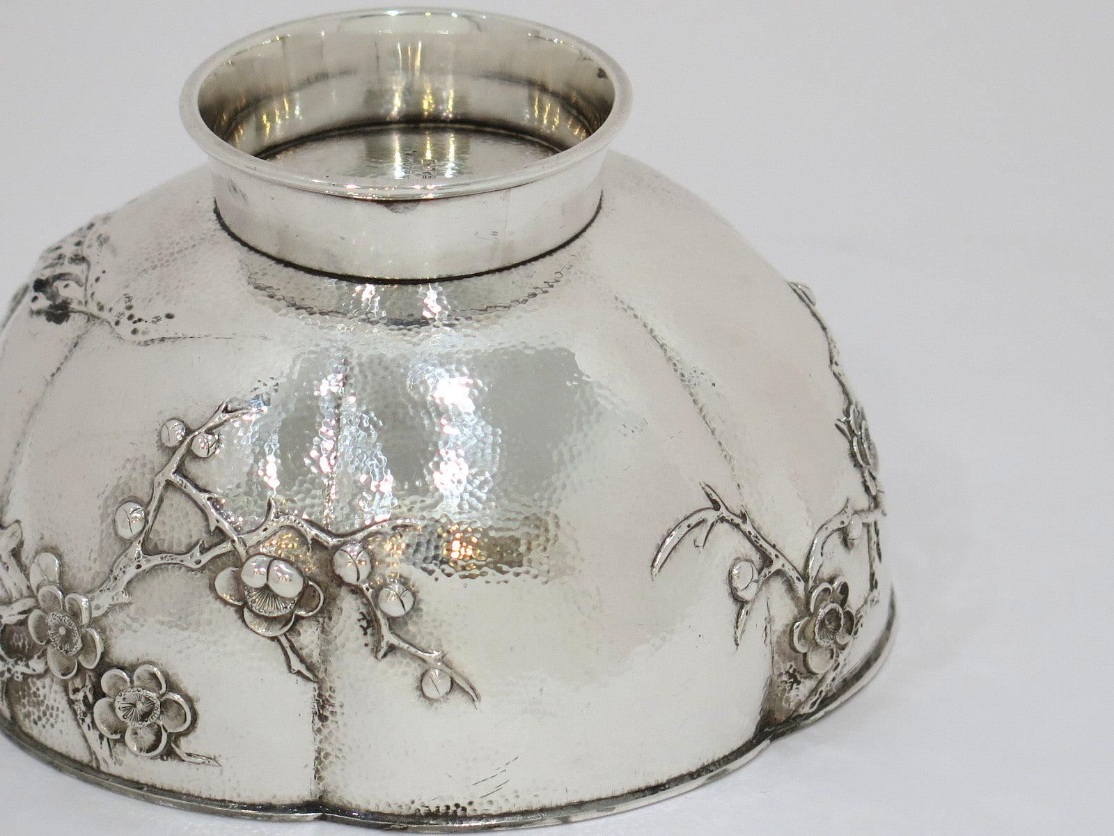 Sterling Silver Kuhn & Komor, Japan Antique Plum Blossom Candy Nut Dish In Good Condition In Brooklyn, NY