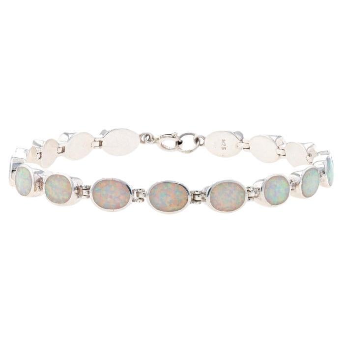 Sterling Silver Lab-Created Opal Link Bracelet 7 1/2" - 925 Inlay