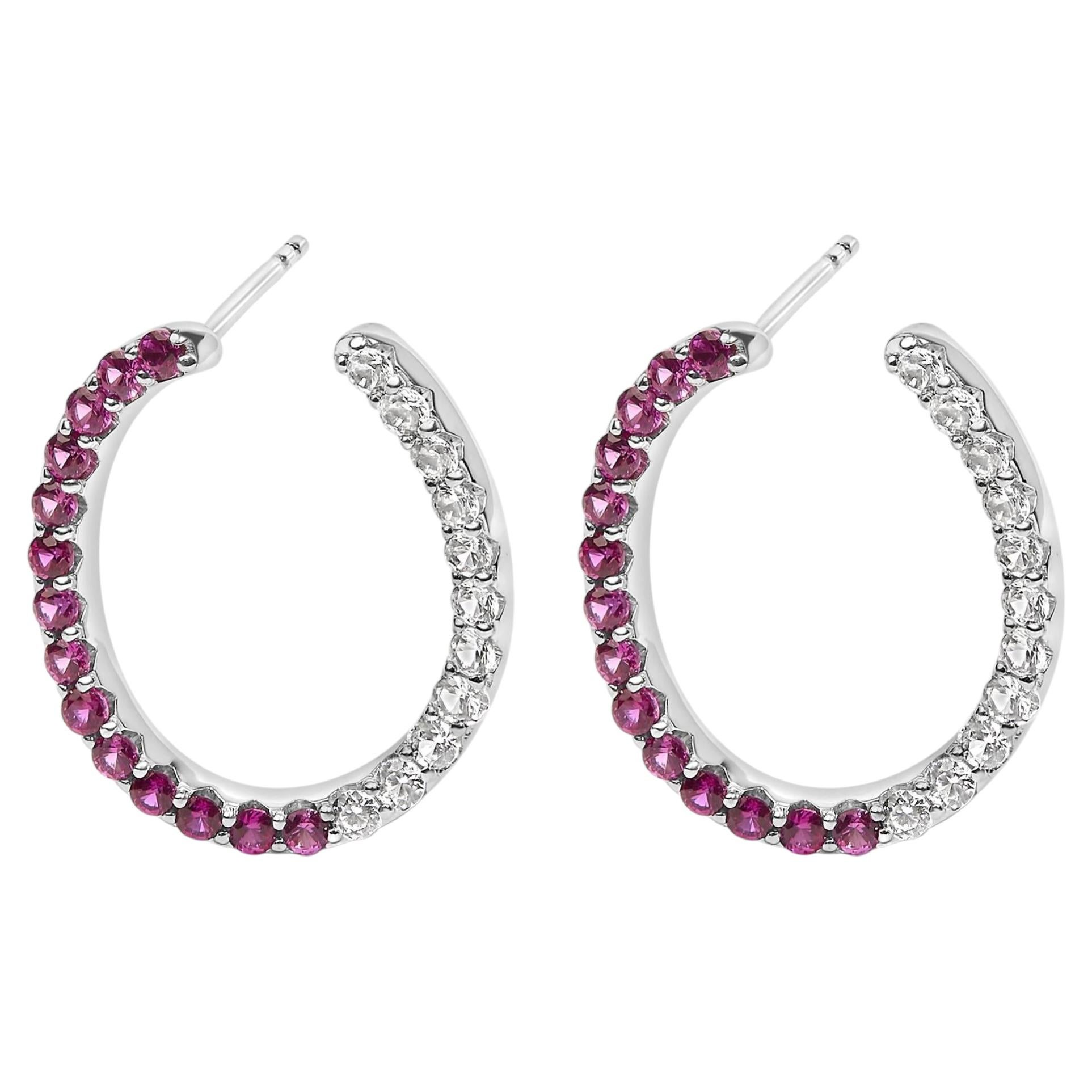 Boucles d'oreilles créoles en argent sterling, ornées de rubis de laboratoire et de saphirs blancs