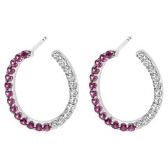 Sterling Silver Lab Created Ruby and White Sapphire Hoop Earrings