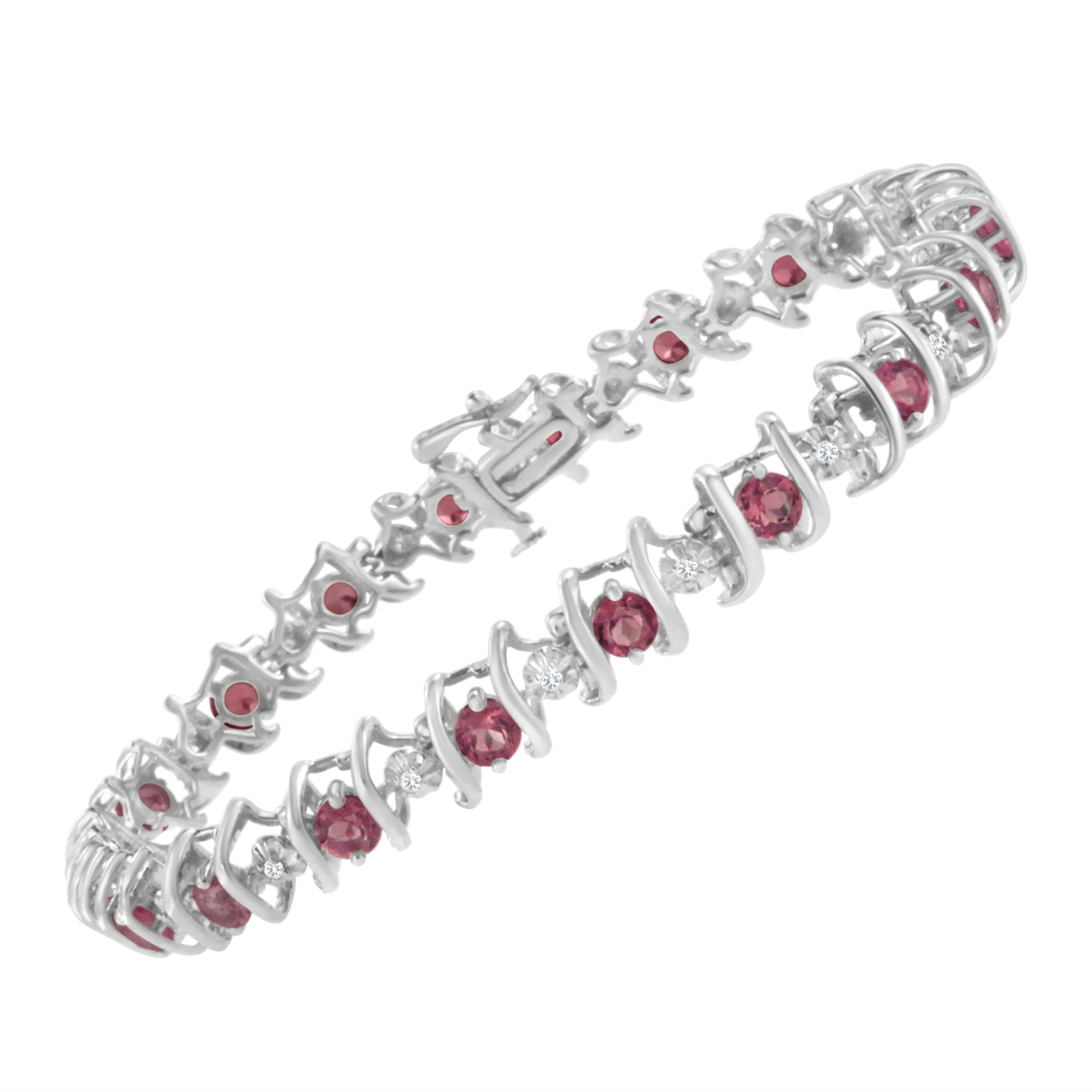 Contemporary Sterling Silver Lab-Grown Gemstone and 1/6 Carat Round Diamond Tennis Bracelet For Sale