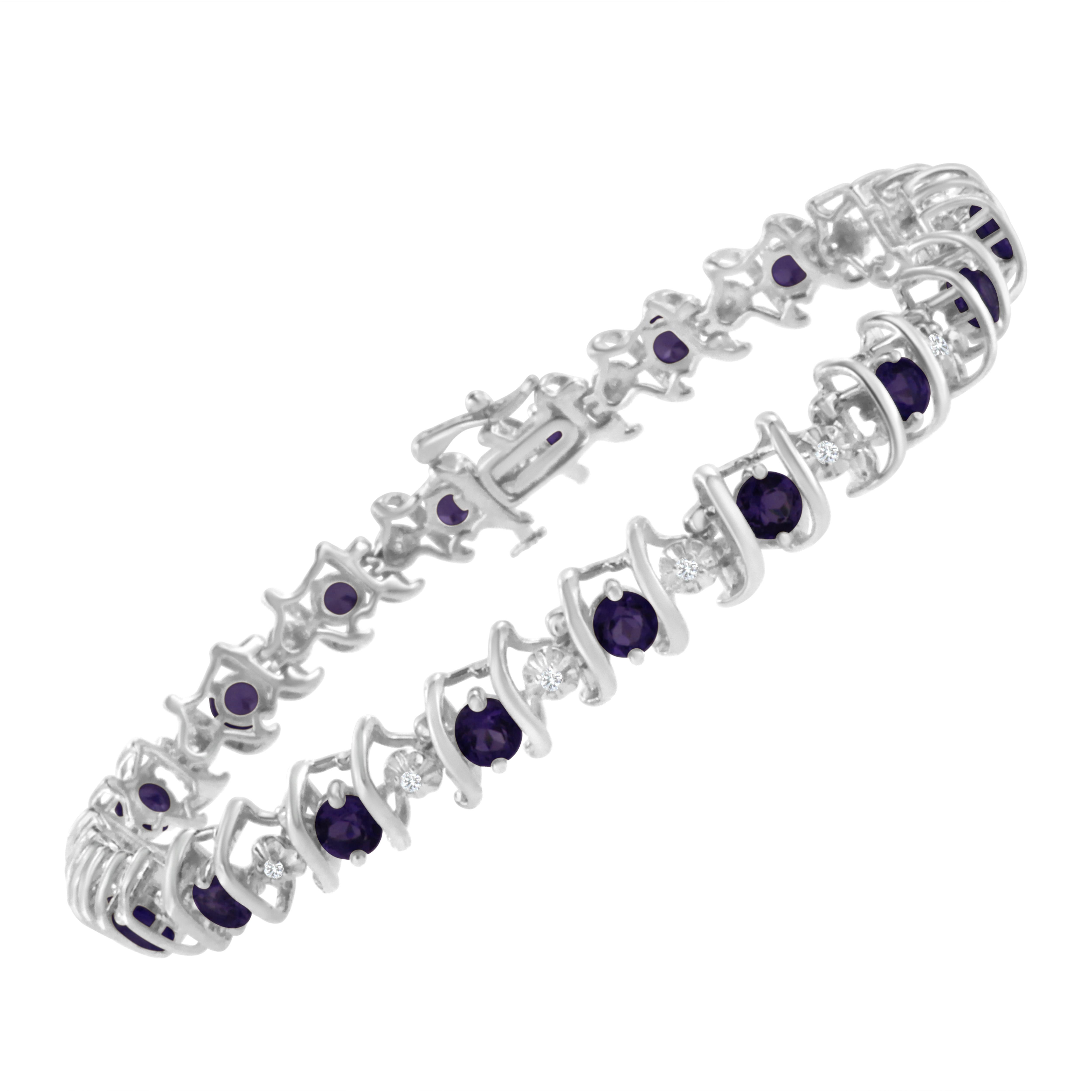 Contemporary Sterling Silver Lab-Grown Gemstone and 1/6 Carat Round Diamond Tennis Bracelet For Sale