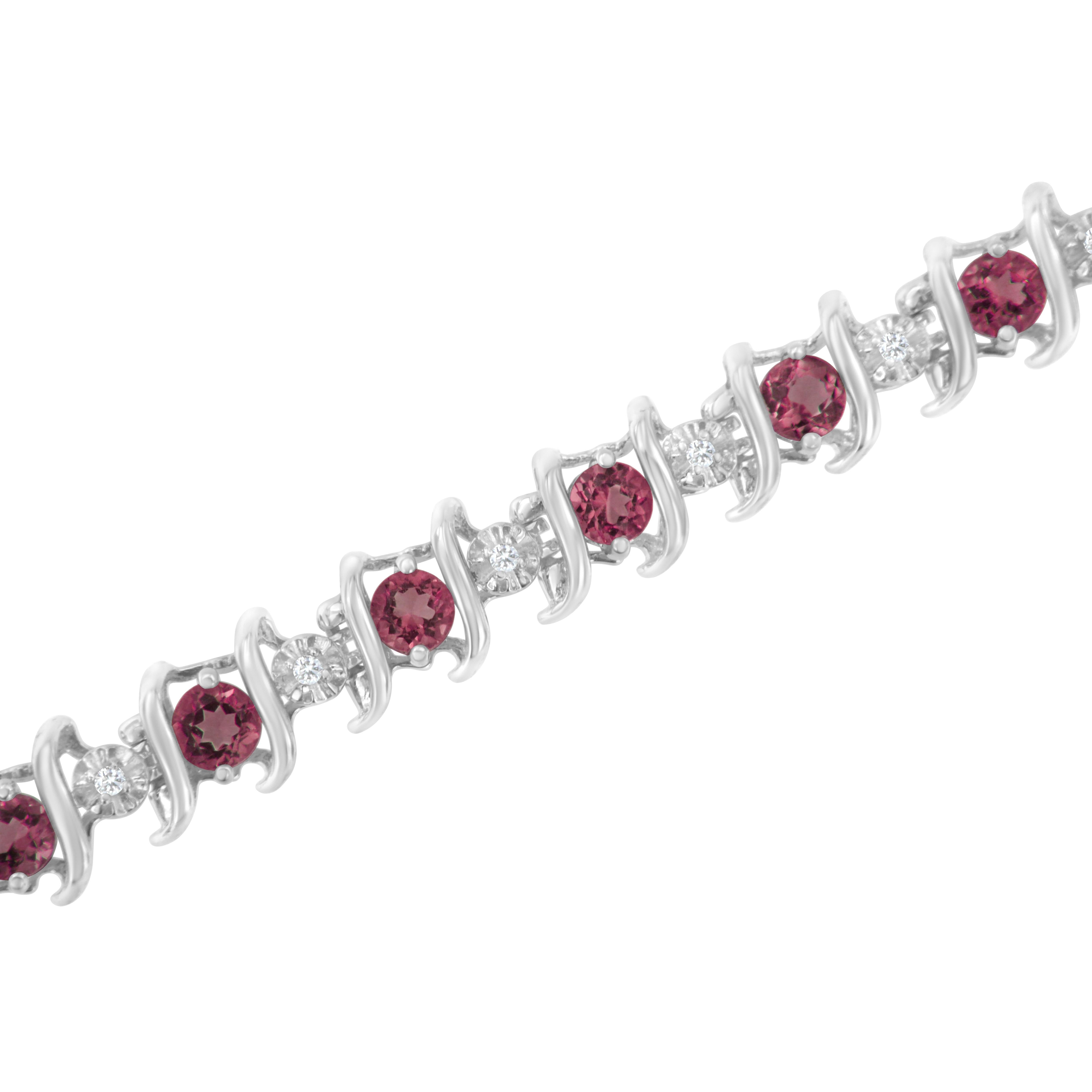 Round Cut Sterling Silver Lab-Grown Gemstone and 1/6 Carat Round Diamond Tennis Bracelet For Sale