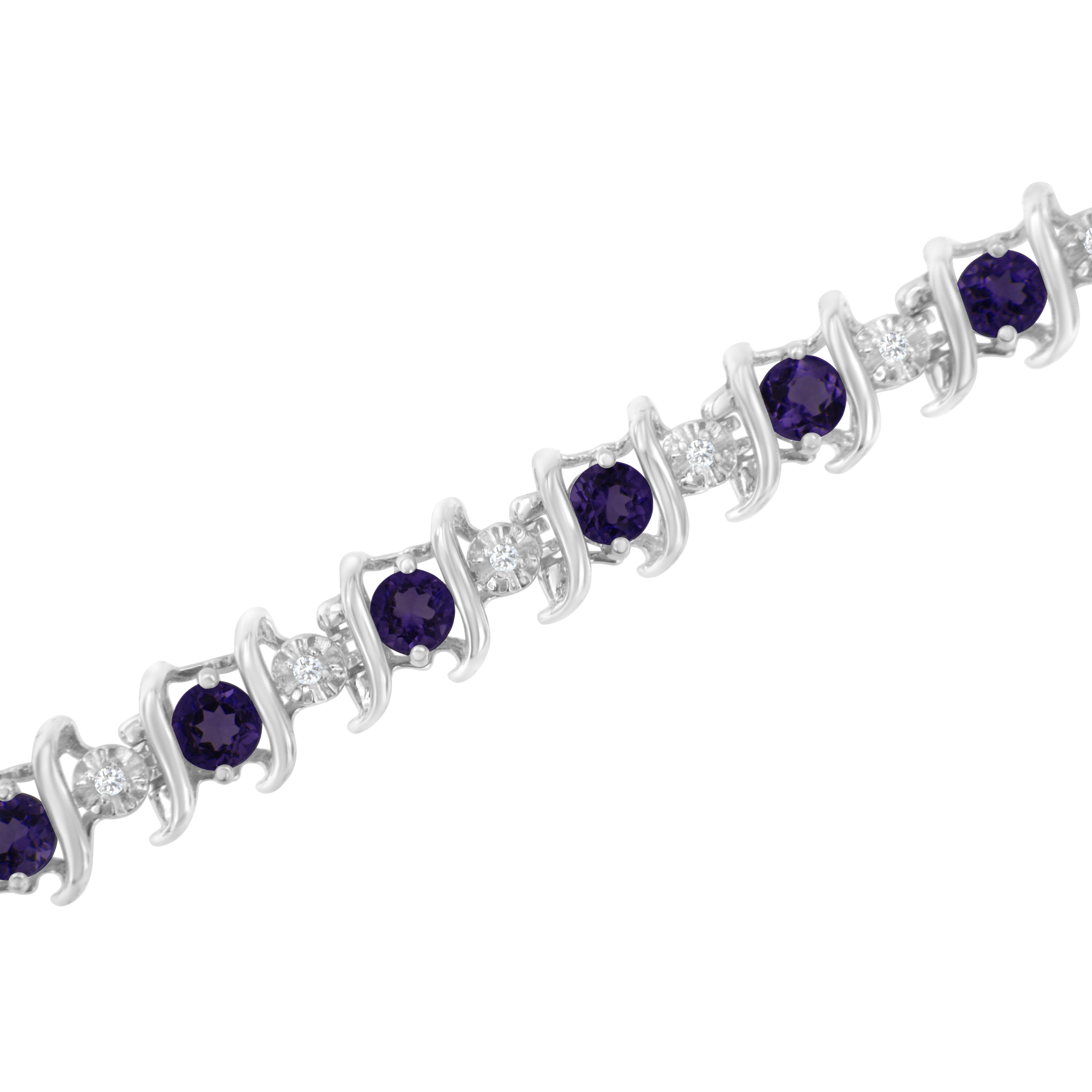 Round Cut Sterling Silver Lab-Grown Gemstone and 1/6 Carat Round Diamond Tennis Bracelet For Sale