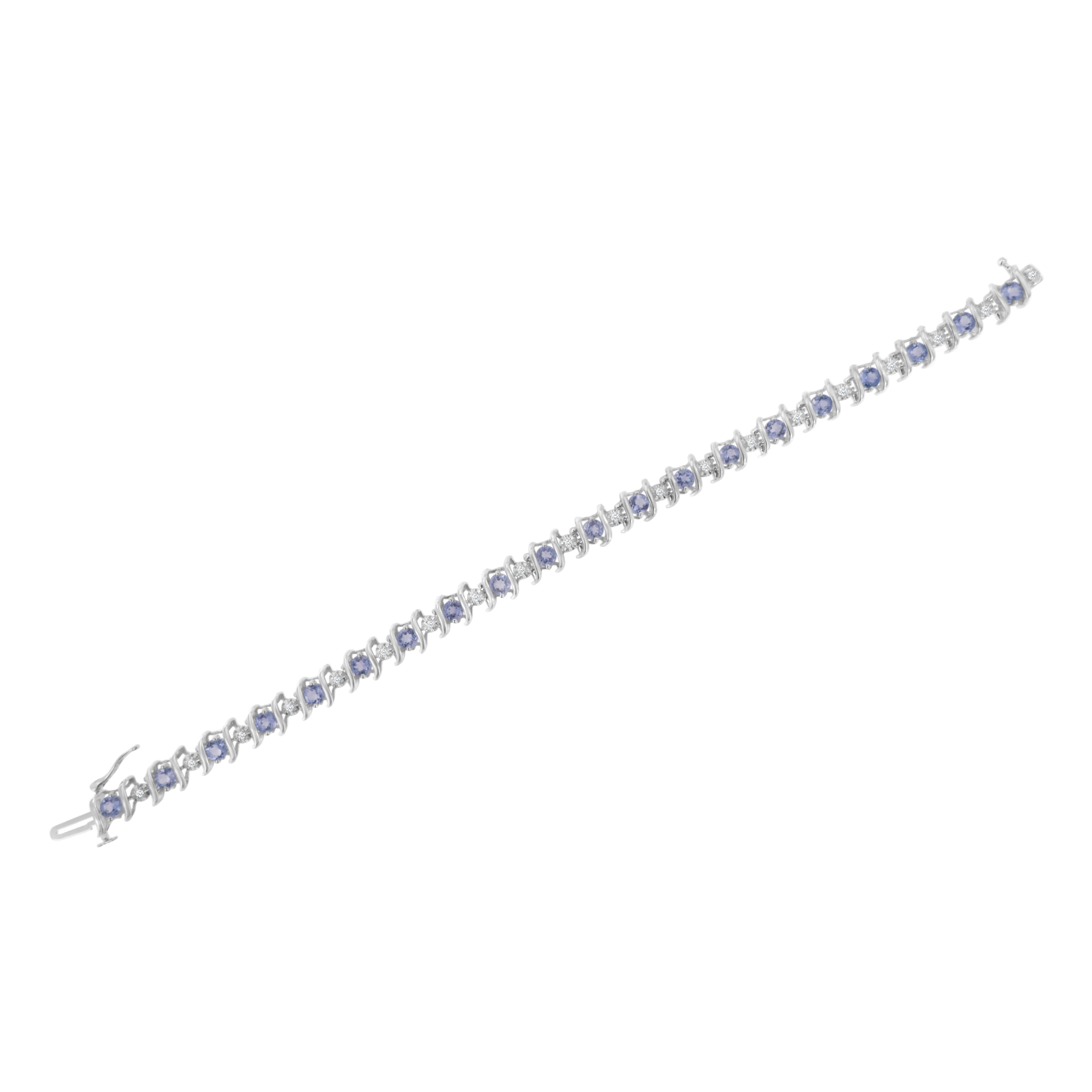 Round Cut Sterling Silver Lab-Grown Gemstone and 1/6 Carat Round Diamond Tennis Bracelet For Sale
