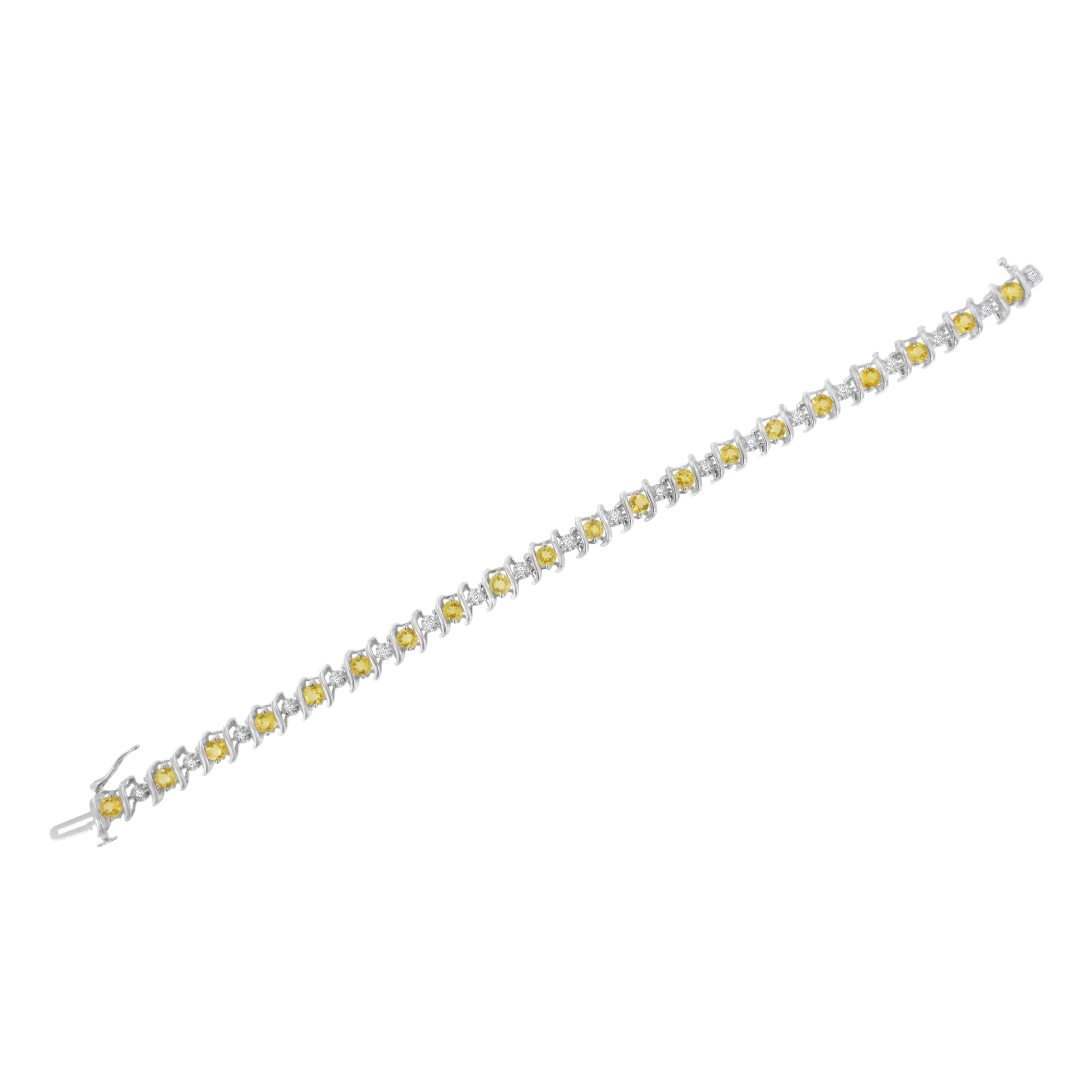 Round Cut Sterling Silver Lab-Grown Gemstone and 1/6 Carat Round Diamond Tennis Bracelet For Sale