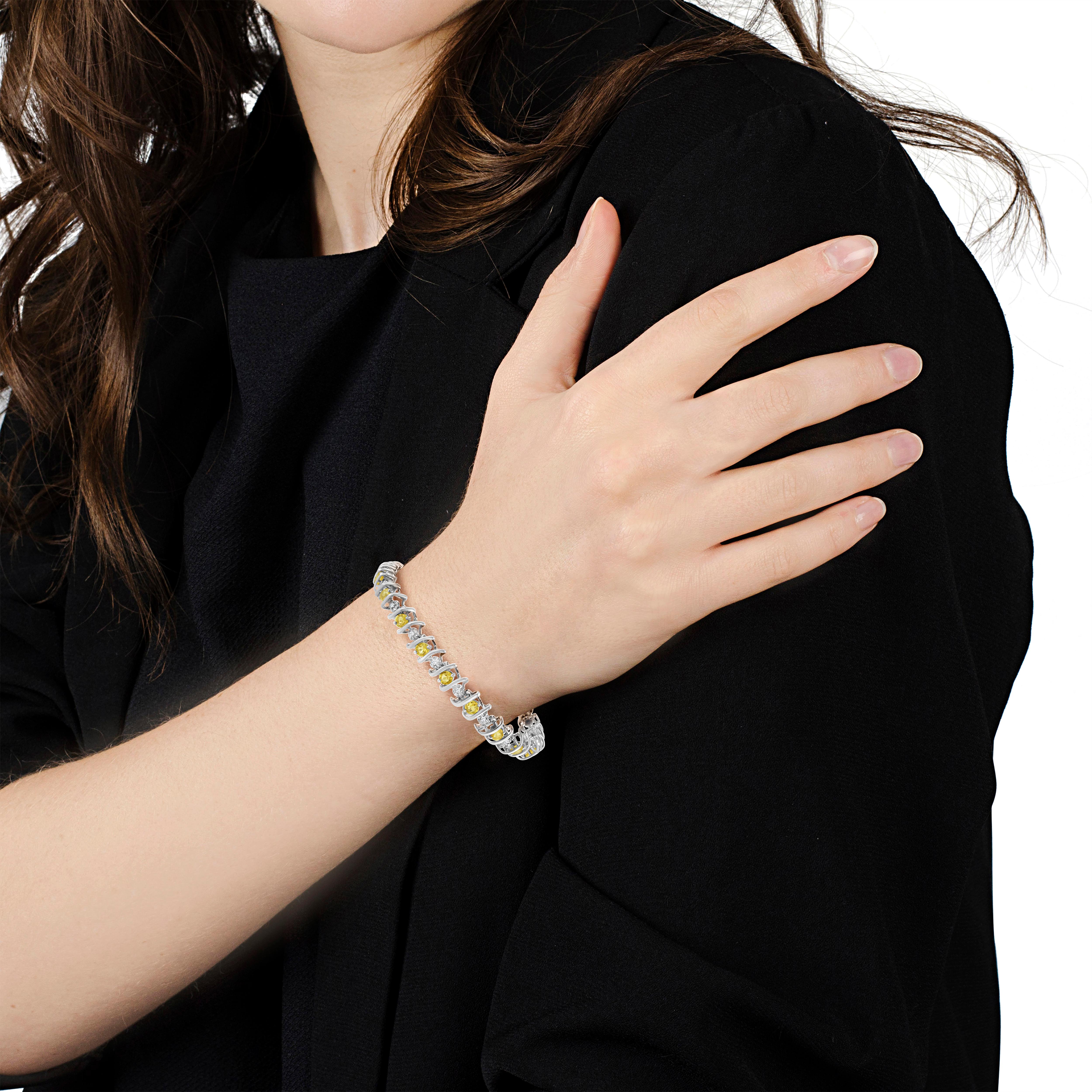 Sterling Silver Lab-Grown Gemstone and 1/6 Carat Round Diamond Tennis Bracelet In New Condition For Sale In New York, NY