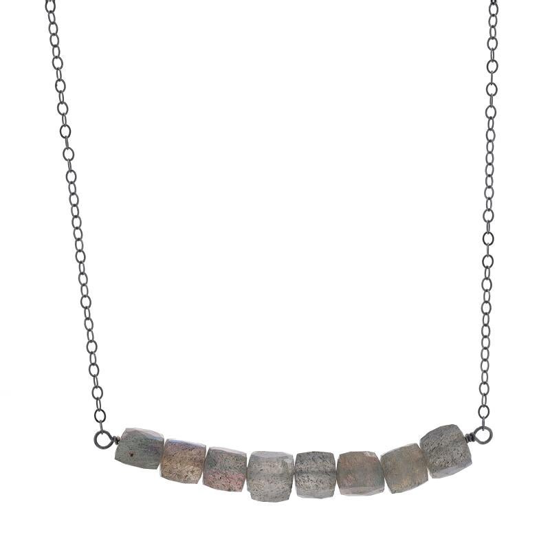 Metal Content: Sterling Silver

Stone Information
Natural Labradorite
Cut: Faceted Bead Cube

Style: Beaded Bar
Chain Style: Flat Cable
Necklace Style: Chain
Fastening Type: Lobster Claw Clasp

Measurements

Item 1: Attached Pendant
Tall: 7/32