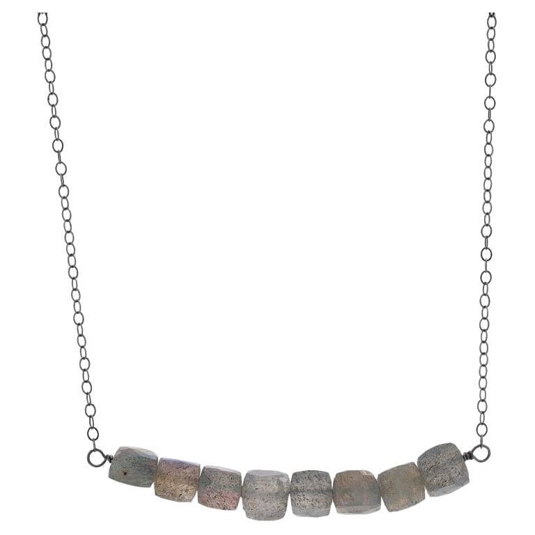 Sterling Silver Labradorite Beaded Bar Necklace 925 Faceted Bead Cube Adjustable For Sale