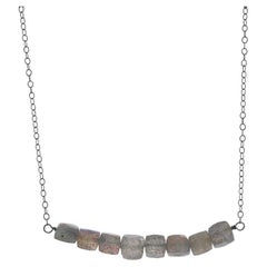 A Silver Silver Labradorite Beaded Bar Necklace 925 Faceted Bead Cube Adjustable