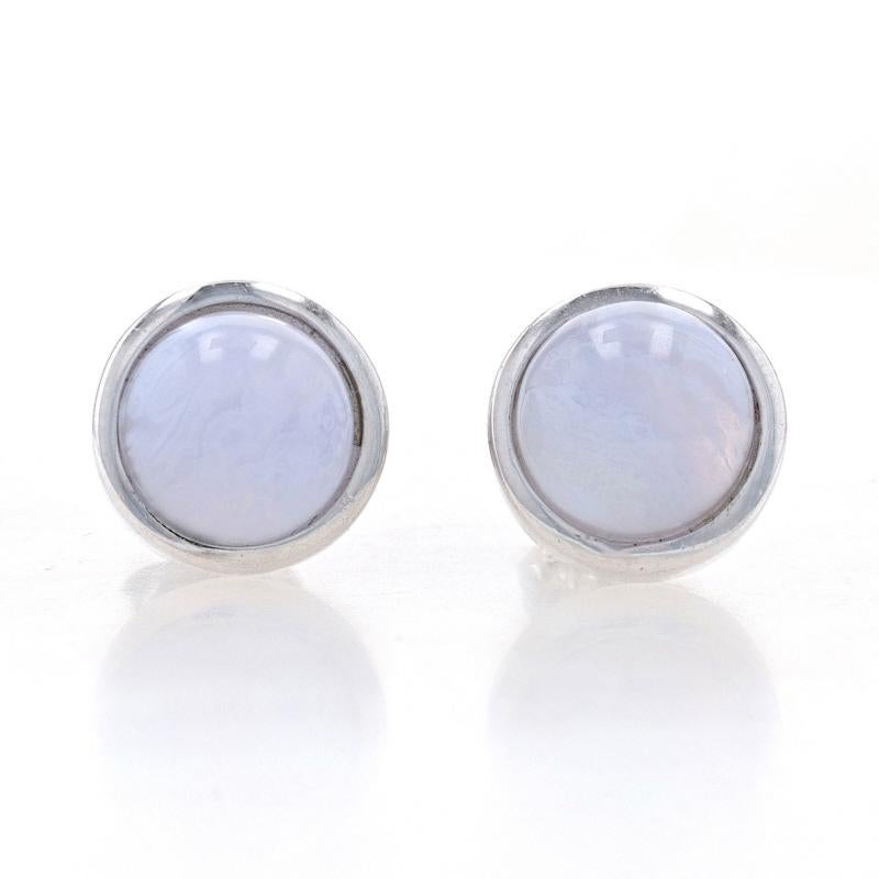 Metal Content: Sterling Silver

Stone Information

Natural Lace Agate
Cut: Round Cabochon

Style: Stud
Fastening Type: Butterfly Closures

Measurements

Diameter: 13/32