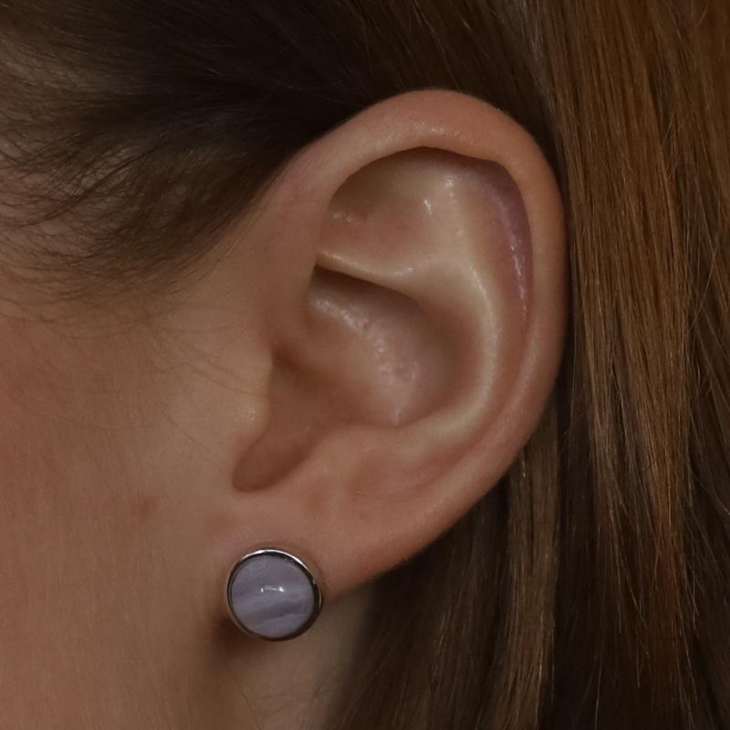 Round Cut Sterling Silver Lace Agate Stud Earrings - 925 Round Cabochon Pierced For Sale
