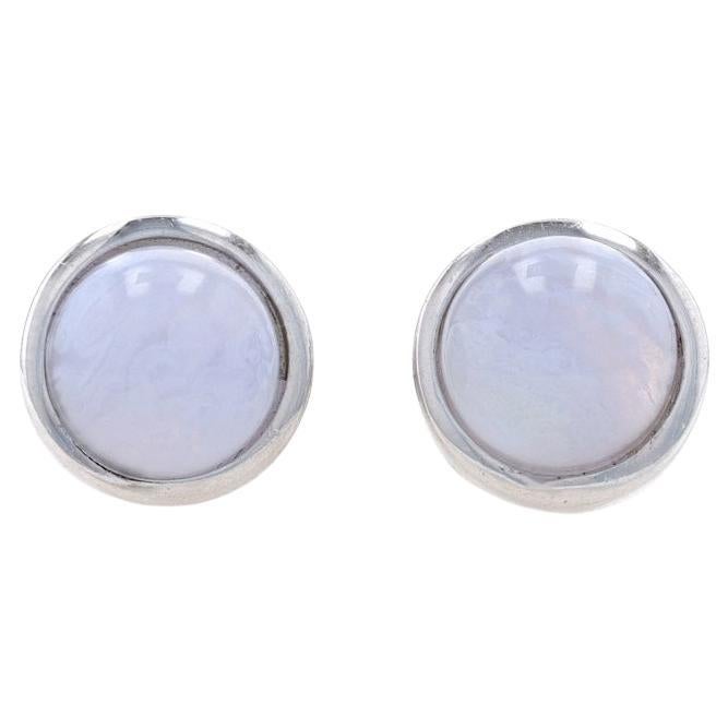 Sterling Silver Lace Agate Stud Earrings - 925 Round Cabochon Pierced For Sale