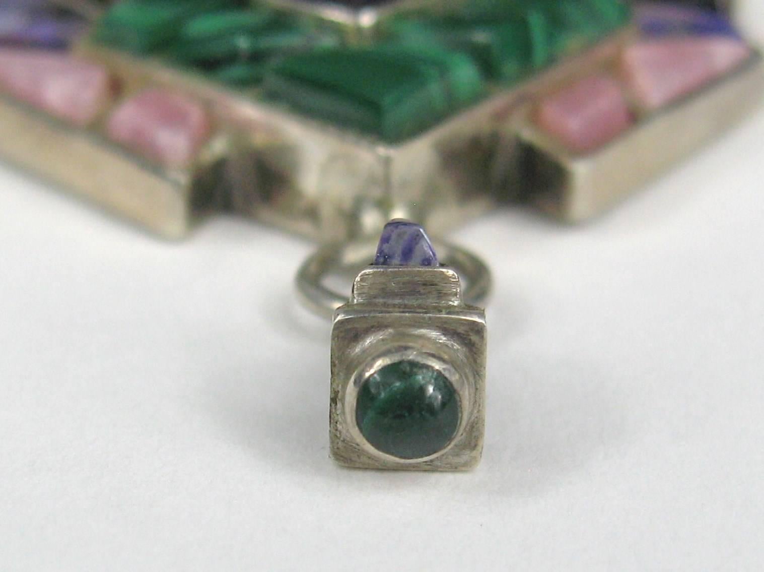Sterling Silver Lapis Amethyst Malachite Multi Gem Stone Face Pendant  In Good Condition For Sale In Wallkill, NY