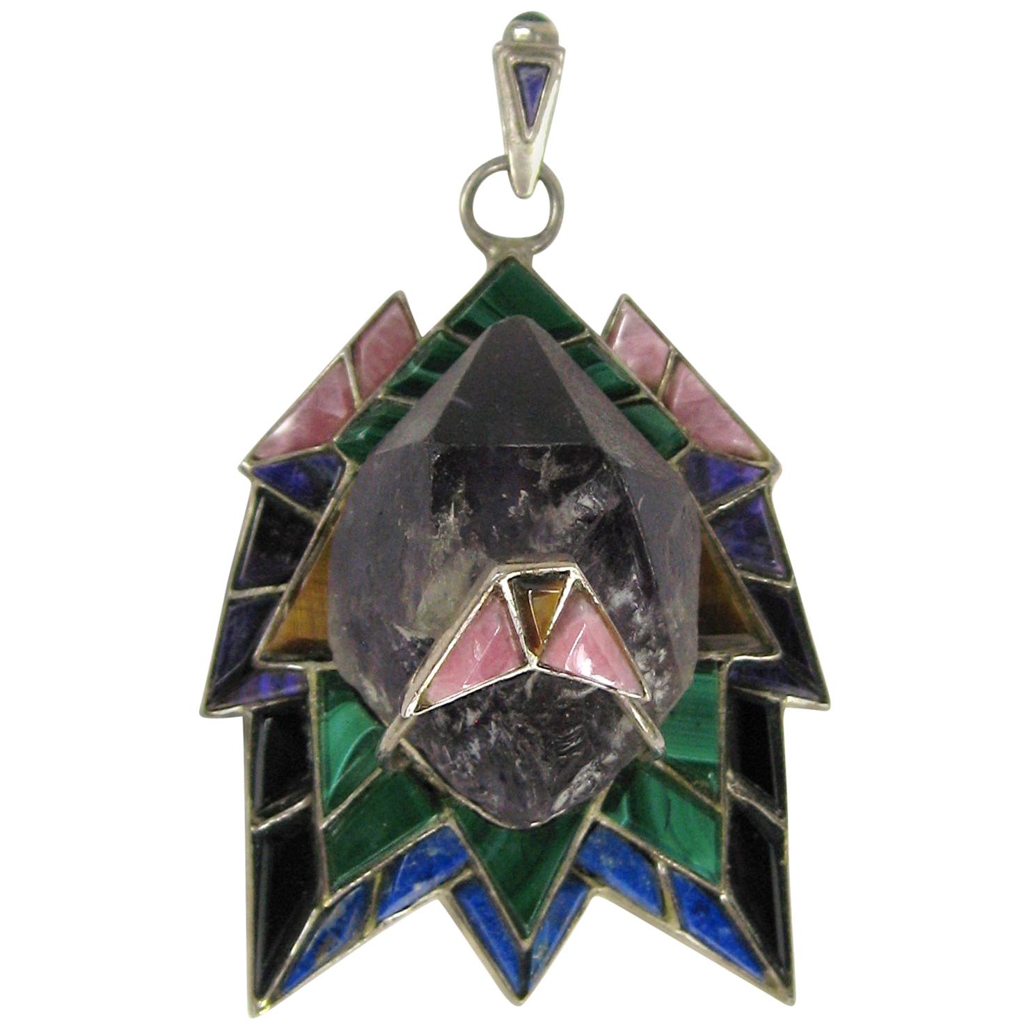 Pendentif visage en argent sterling avec lapis, améthyste, malachite et plusieurs pierres précieuses 