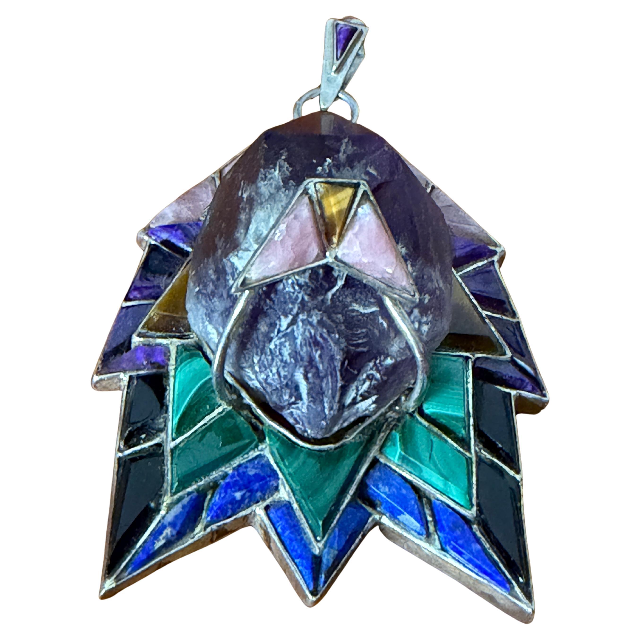 Sterling Silver Lapis Amethyst Malachite Multi Gem Stone Face Pendant For Sale