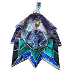 Sterling Silver Lapis Amethyst Malachite Multi Gem Stone Face Pendant