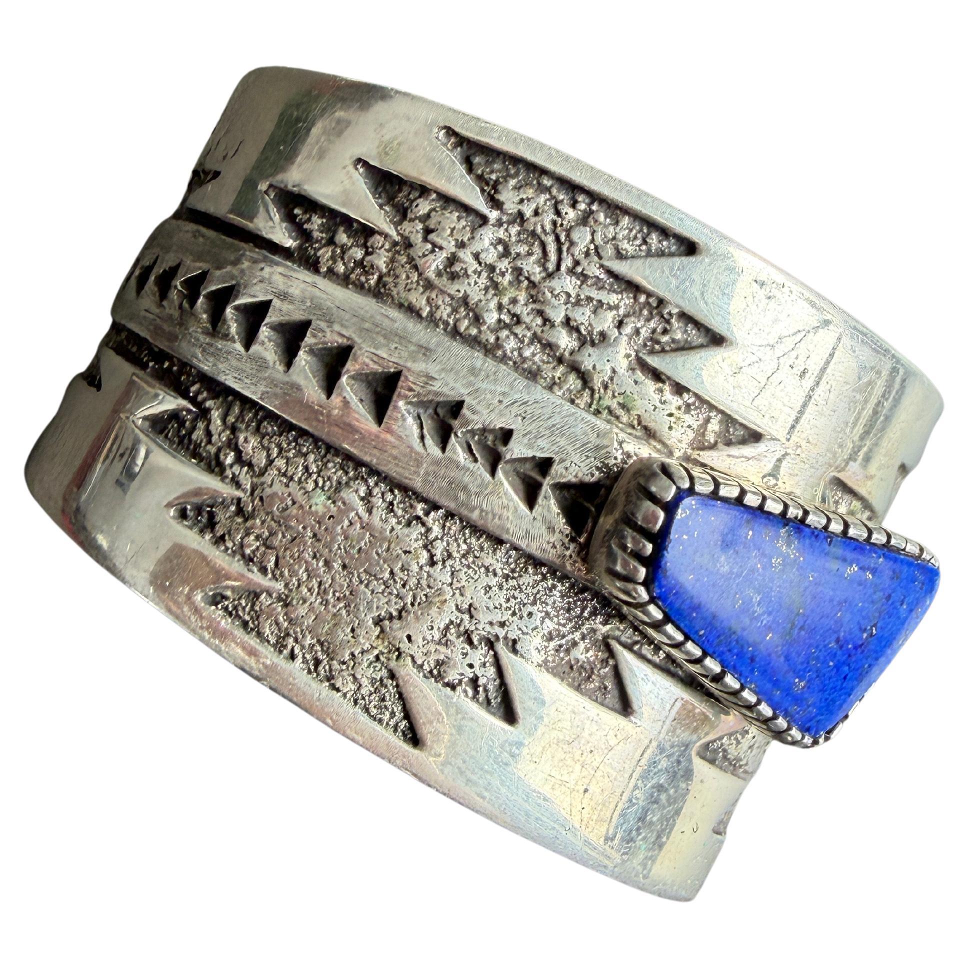 Sterling Silver Lapis Bracelet Signed T. Jackson Native American Zuni For Sale
