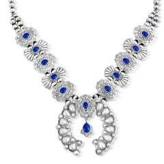 Sterling Silver Lapis Concha Butterfly Squash Blossom Necklace, 17"-20"