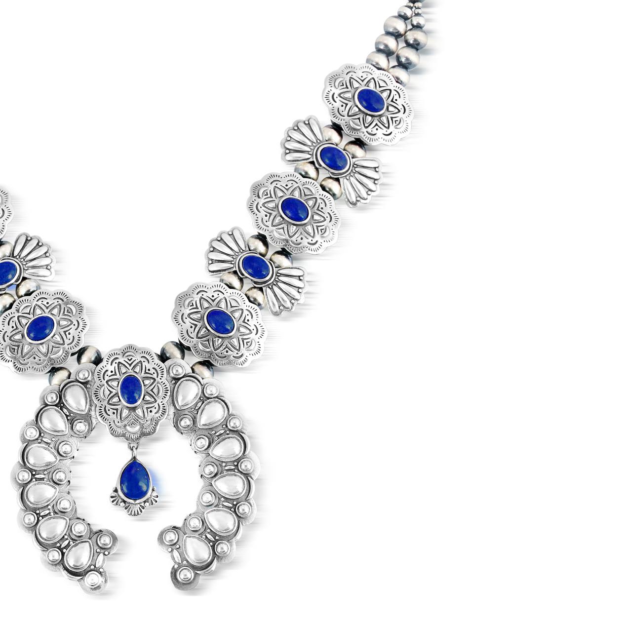 Amérindien Collier de fleurs de courge en Lapis Concha en argent Sterling, 17