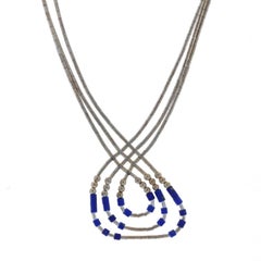 Sterling Silver Lapis Lazuli Beaded Triple Strand Loop Necklace 15" - 925
