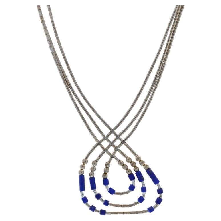Sterling Silber Lapislazuli Perlen Dreireihige Schleife Halskette 15" - 925