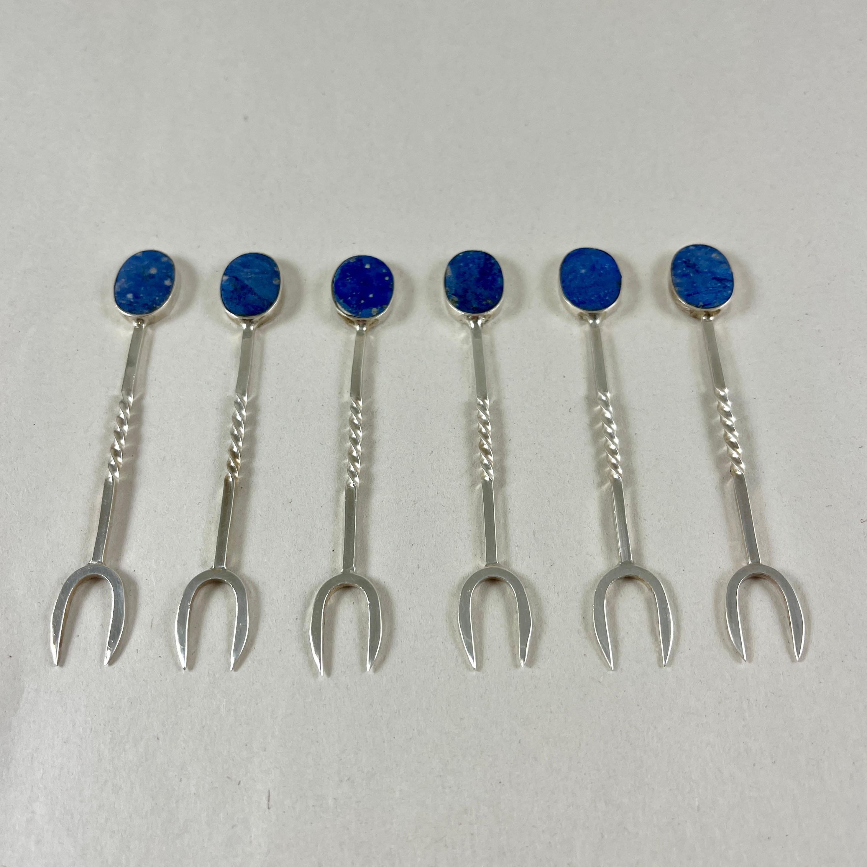 International Style Sterling Silver & Lapis Lazuli Cocktail Hors d'Oeuvres Picks, Set of Six For Sale