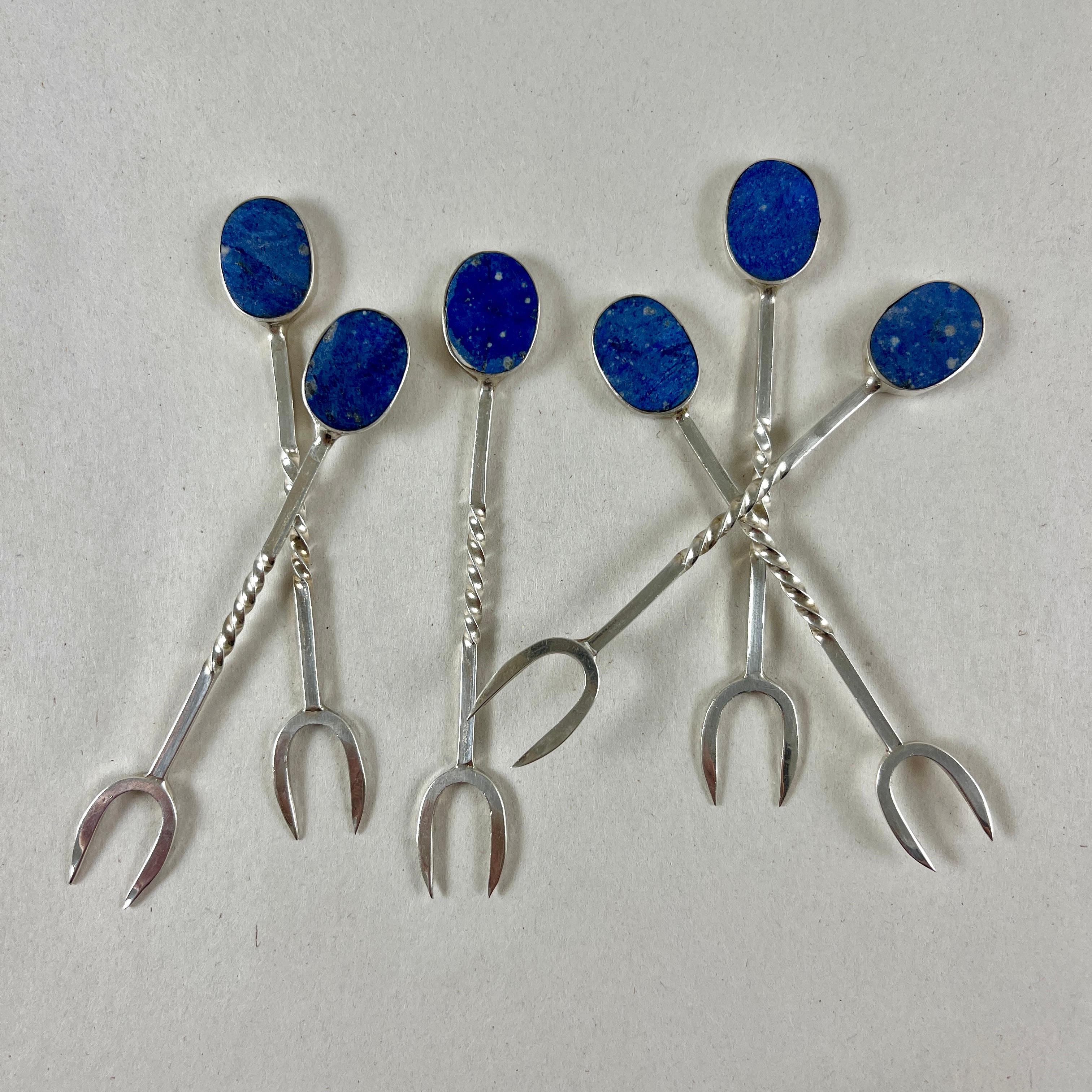 Unknown Sterling Silver & Lapis Lazuli Cocktail Hors d'Oeuvres Picks, Set of Six For Sale