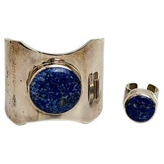 Sterling Silver Lapis Lazuli Cuff Bracelet and Ring Set