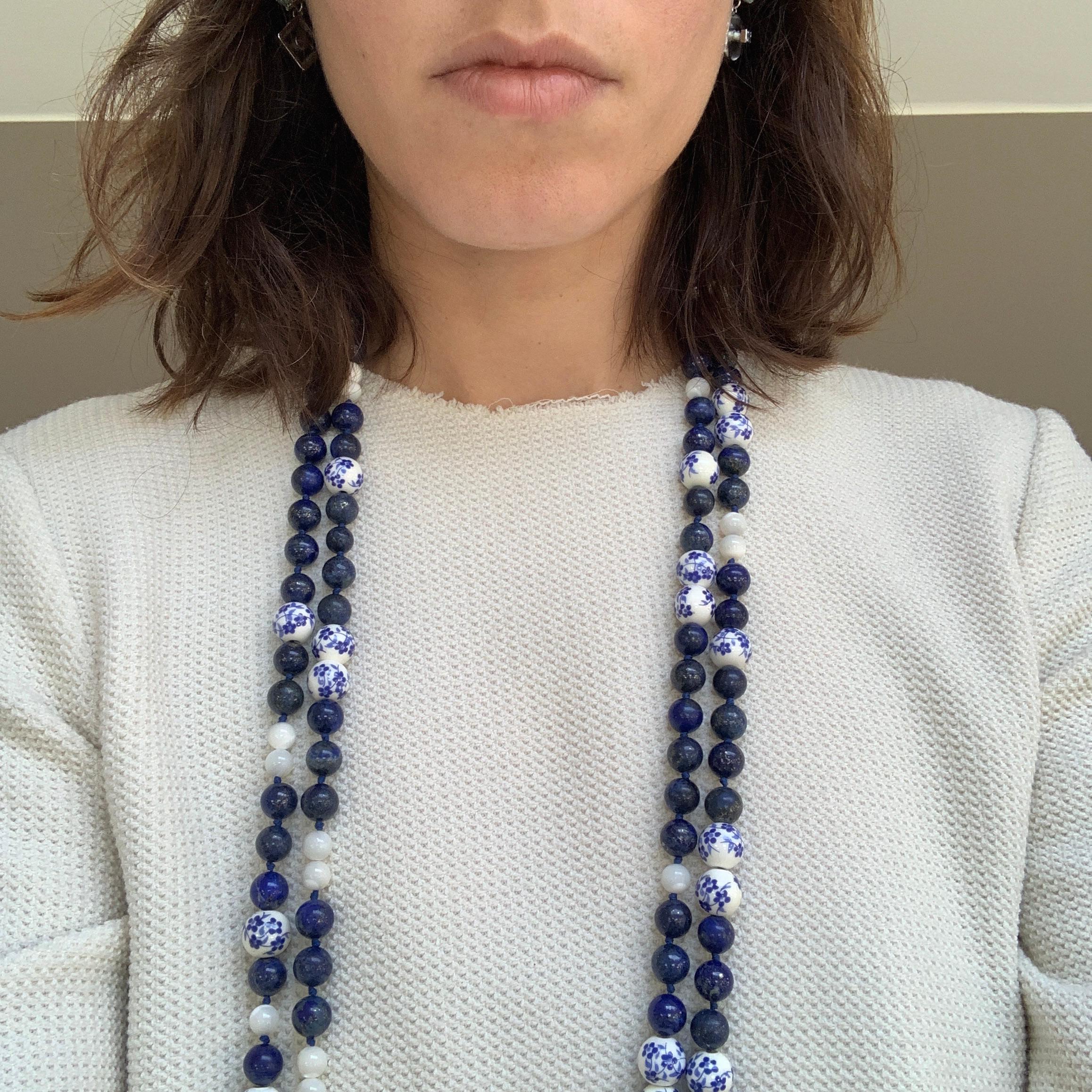 Sterling Silver, Lapis Lazuli, Mother of Pearl and Porcelain Bead Necklace In New Condition For Sale In London, GB