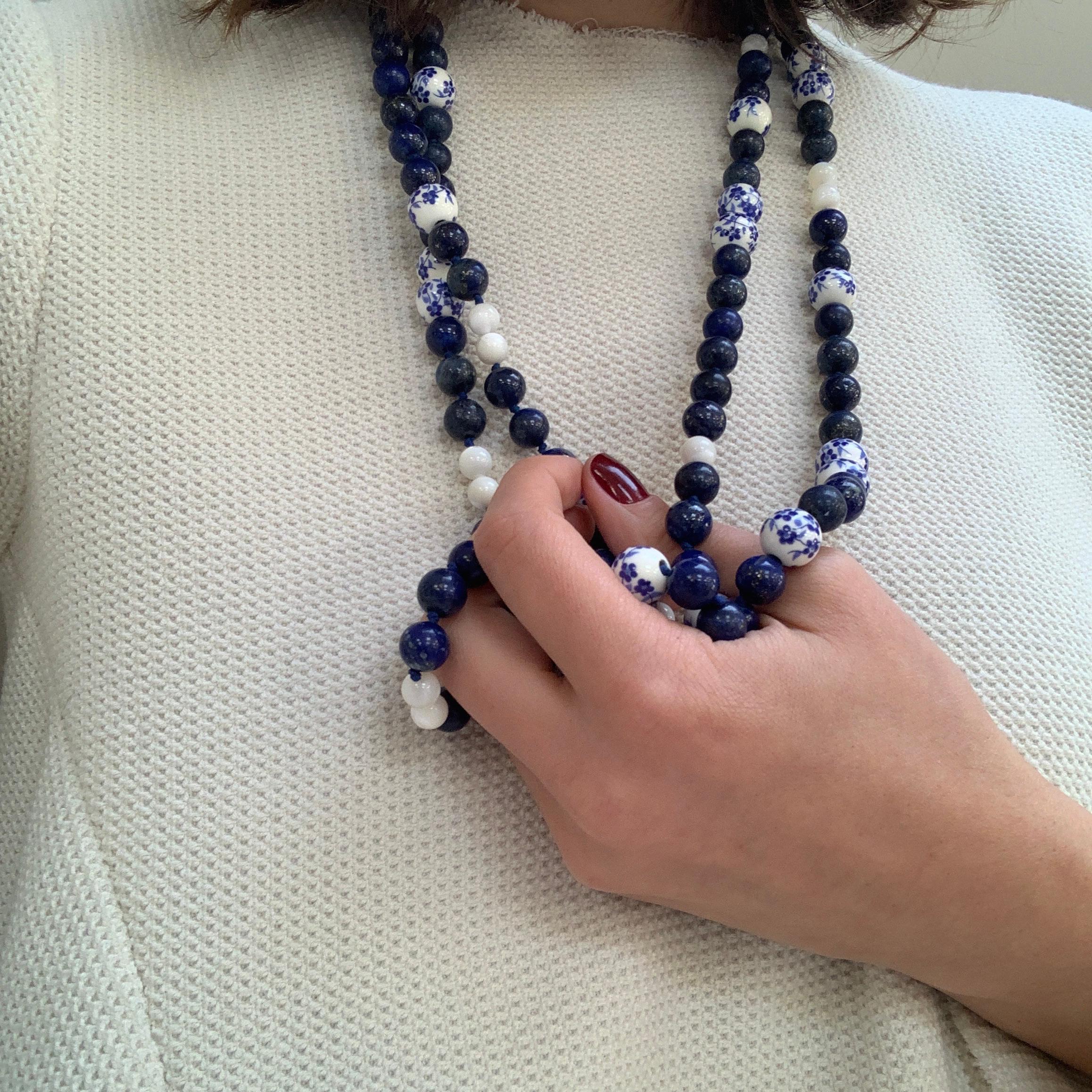 Sterling Silver, Lapis Lazuli, Mother of Pearl and Porcelain Bead Necklace For Sale 1