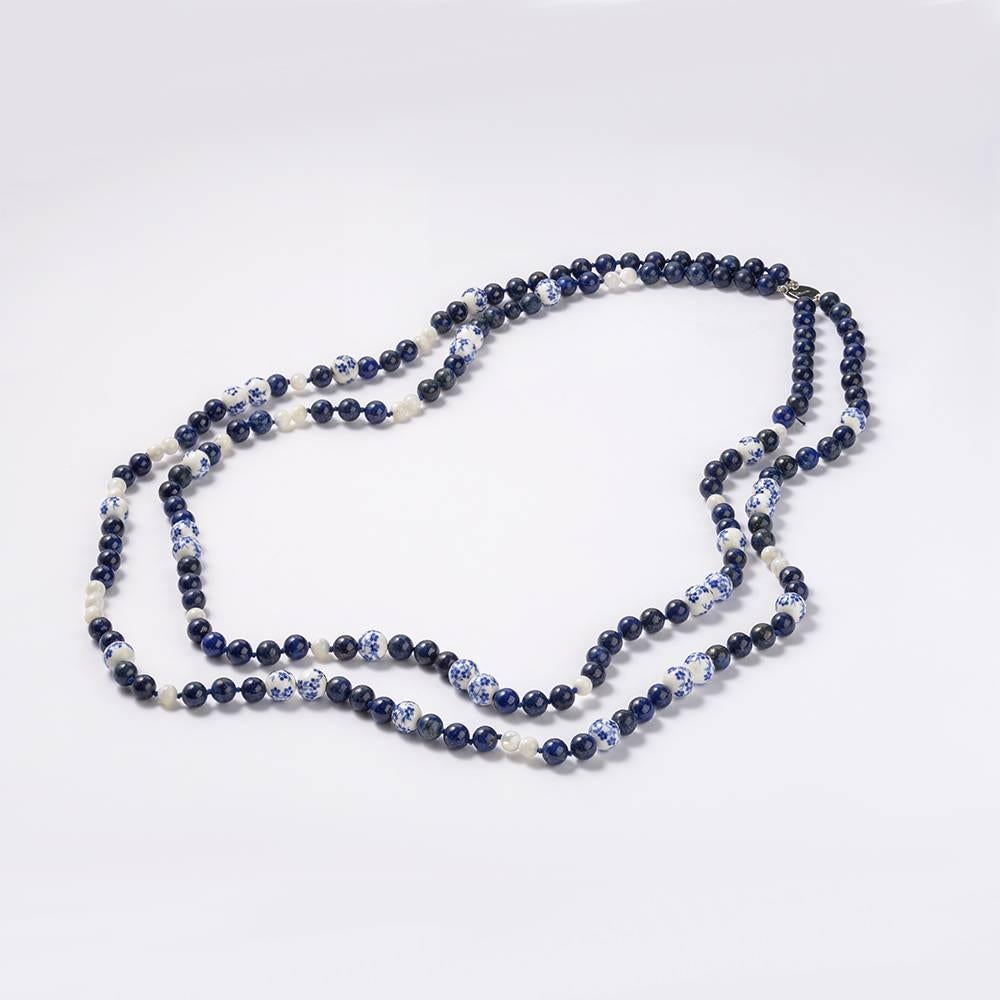 Sterling Silver, Lapis Lazuli, Mother of Pearl and Porcelain Bead Necklace For Sale 2